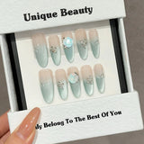 Handmade Press On Nails Long Oval Gradient Blue Cat's Eye False Nails With Aurora Diamond Decor French Fake Nails Wearable 10pcs