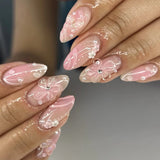 24Pcs 3D Flower Pearl Press on Nails Short Almond Acrylic False Nails Blush Pink Sweet Cool Fake Nails French Summer Nail Art