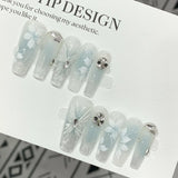 10Pcs Coffin Handmade Press On Nails Full Cover Bowknot Pearl Design False Camellia Flower Nails Wearable Manicure Nail Tips Art