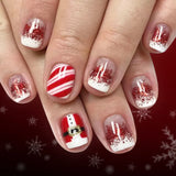 24pcs Christmas Square False Nails Gilded Lines White Short Ballet Press on Nails Tips Reusable Snowflake Pearl Design Fake Nail