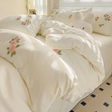 3/4Pcs Washed Cotton Skin-friendly Soft Princess Rose Towel Embroidery Flowers Bedding Set Soft Duvet Cover Bed Sheet Pillowcase