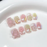 10Pcs Pink Cute Handmade Press on Nails Full Cover Bear Rhinestone Summer French Short False Nails Wearable Manicure Nail Tips