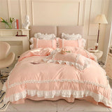 Elegant Lace Bedding Sets Luxury Bed Linen Korean Princess Style Washed Cotton Ruffle Duvet Cover Bed Sheet Pillowcases for Girl