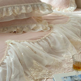 4Pcs Pink Chiffon Lace Princess Wedding Bedding Set Luxury 100% Cotton Duvet Cover Bed Sheet Or Quilted Bedspread Pillowcases