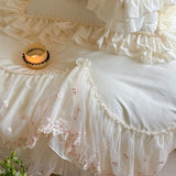 4Pcs Romantic Double Layer Lace Princess Wedding Bedding Set 100% Cotton Duvet Cover Bed Sheet Or Quilted Bedspread Pillowcases