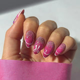 24pcs Valentine French Glitter Powder Heart Pattern False Nails Gradient Pink Press on Nails Almond Full Cover Wearable Manicure