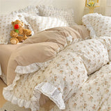 Princess Style Lace Ruffles Bedding Set Purple Tulips Duvet Cover and Flat Sheet Pillowcases Girls Romantic Floral Home Textiles