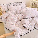 Heart Print Duvet Cover Set Princess Style Lace Ruffles Bedding Set Queen King Skin Friendly Soft Quilt Cover Sheet Pillowcases