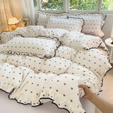 Heart Print Duvet Cover Set Princess Style Lace Ruffles Bedding Set Queen King Skin Friendly Soft Quilt Cover Sheet Pillowcases
