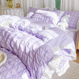 Luxury Seersucker Washed Cotton Bedding Set INS Girls Princess Bedding Set with Lace Solid color Bedclothes Sheets Pillowcase