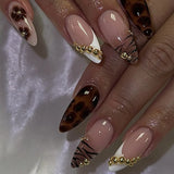 24Pcs Zebra Stripe Press on Nails Dark Brown with Gold Beads Fake Nails Almond Shape Nail Art French Style False Nails for Fall