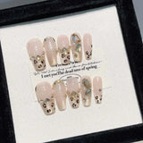 10Pcs Handmade Press on Nails Leopard Print Rhinestone Design Blush False Coffin Nail French Cat Eye Ballerina Wearable Manicure