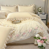 Korean Style 100%Cotton Bedding Set Luxury Lace Flowers Embroidery Princess Duvet Cover Bed Sheet Pillowcases Beige Bedclothes
