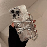3D Silver Bow Tie Phone Case for IPhone 16 15 14promax 13 12Pro 11 Light Luxury Compatible Full Package Hanging Chain Design