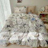 Korean Style Cute Bedding Set For Girls Bed Linen New Skin Friendly Fresh Flora Printed Washed Cotton Duvet Cover Set
