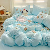3/4Pcs Washed Cotton Skin-friendly Soft Princess Rose Towel Embroidery Flowers Bedding Set Soft Duvet Cover Bed Sheet Pillowcase