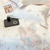 100% Egyptian Cotton Butterfly Flowers Embroidery Premium Luxury Bedding Set Duvet Cover Flat/Fitted Bed Sheet Pillowcases 4Pcs