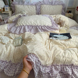 Korean Princess Style Floral Ruffles Bedding Set Washed Cotton Duvet Cover Bed Sheet Pillowcases Single Full Queen Size 3/4Pcs