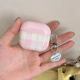 Pink and White Plaid + Heart Pendant Suitable for Apple for Airpodspro2 Case/For Airpodspro Case/For Airpods4 Case/For Airpods3 Case/For Airpods2 Case/Fashionable Women's Earphone Case/Simple Earphone Case