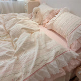 100% Cotton Duvet Cover Set Pink Floral Lace Ruffle Bow Bedding Set Romantic Princess Style Bed Sheet Pillowcase Home Textiles