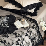 4Pcs Bedding Set Only One Third Butterfly Flower Lace Patchwork Washed Cotton Duvet Cover Set Flat/Fitted Bed Sheet Pillowcases