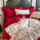 Imitation cotton wrinkled yarn double-layer yarn kapok washable festive romantic big red sheet bed skirt four-piece set