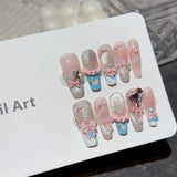 10Pcs Pink Coffin Handmade Press On Nails Moon Stars False Nails Sweet Bow Diamond Design Full Cover Ballet Fake Nails Press On