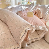 Korean Princess Style Floral Prints Ruffles Bedding Set Double Layer Yarn 100% Cotton Duvet Cover Pillowcases Bed Sheet 4Pcs