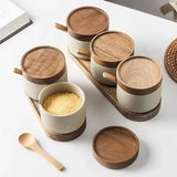 Ceramic Seasoning Jar Retro Japanese Style Home Kitchen Salt Chili Sugar Jar Oil Pot Wooden Lid Spice Kitchen Utensils Modern