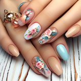 24pcs Colorful Smudge False Nails Art Simple Butterfly Sequin Design Short Ballet Press on Nails Tips Detachable Fake Nail Sets