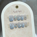 10Pcs Short Handmade Press on Nails Full Cover Glitter Design Heart French Ballerina False Nails Wearable Manicure Nail Tips Art