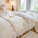 4/6Pcs Vintage French Pleated Pastoral Style Lace Ruffles Embroidery Bedding Set Duvet Cover Set Bedspread Bed Skirt Pillowcases