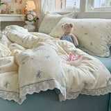 Korean Style Girly Heart Floral Double Layer Gauze Four-Piece Set Princess Style Lace Trim Quilt Cover Bed Sheet Dormitory
