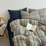 Nordic Simple Stripe Printed Bedding Sets Soft Washed Cotton Skin Friendly Duvet Cover Kit Cozy Bedclothes for Summer and Autumn