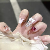 10Pcs Pink Coffin Handmade Press On Nails Moon Stars False Nails Sweet Bow Diamond Design Full Cover Ballet Fake Nails Press On