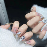 10pcs Medium Coffin Cat Eye False Nails Sweet Pearl Fake Nails with Heart Diamond Press on Nails Silver Glitter Polka Dot Nail