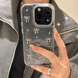 3D Glitter Bowknot Phone Case For iPhone 16 15 14 13 Pro Max Epoxy Clear Glitter Cover Shell Transparent Metal Bow Case