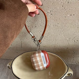 Korea lovely brown plaid soft silicone protection case with leather lanyard fall prevention for airpods 1 2 3 4 pro 2 4nd cover