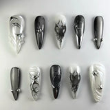 24Pcs 3D Green Ripple Design False Nails Cat's Eye French Almond Fake Nail Tips Leaves Pattern Removable Oval Press on Nails
