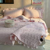 Princess Style Pink Quilted Ruffles Quilt Blanket Bedspread Washed Solid Color Korean Princess Style Summer Thin Quilt 3Pc