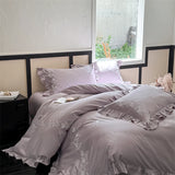 Flowers Embroidery Ruffles Purple Luxury Bedding Set 1000TC Egyptian Cotton Duvet Cover Flat/Fitted Bed Sheet Pillowcases 4Pcs