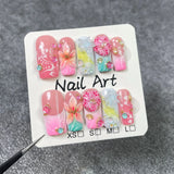 10pcs French Gradient Handmade Fake Nails Flower Rhinestone Design Spicy Girl Mid-length Square False Nails Tips Press on Nails