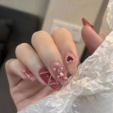 10pcs Medium Coffin Cat Eye False Nails Sweet Pearl Fake Nails with Heart Diamond Press on Nails Silver Glitter Polka Dot Nail