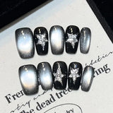 10Pcs Handmade Press on Nails French Cat Eye Rose with Jelly Glue Full Cover Leopard Stars Rhinestone Wearable Ballet Fake Nails