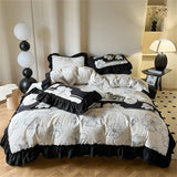 Washed Cotton Bedding Sets With Lace Black Printed Four Piece Set Bedroom Decor Duvet Cover Pillowcase Bedspread Bed Cover Sets