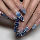24pcs Light Pink Smudge Press on Nails Gold Leafing Nail Art Sweet 3D Floral Fake Nails Pearl Bow French False Nails Almond Nail