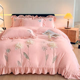 Flowers Embroidery Ruffles Thickened Soft Warm Velvet Bedding Set Queen King Size Plush Duvet Cover Set Bed Sheet Pillowcases