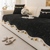Irregular Solid Chenille Sofa Cushion with Fur Ball Non-Slip Couch Slipcover for Four Seasons Dustproof Anti-Dirt Sofa Towel