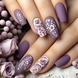24pcs Sweet Cool False Nails Gradient French Fake Nail Tips with Purple Flowers Design Short Square Press on Nails Colorful Nail
