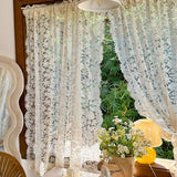 1Pair French Retro Cream Beige Flower Embroidery Sheer Curtain European Court Style Lace Voiles Curtain For Living Room Bedroom